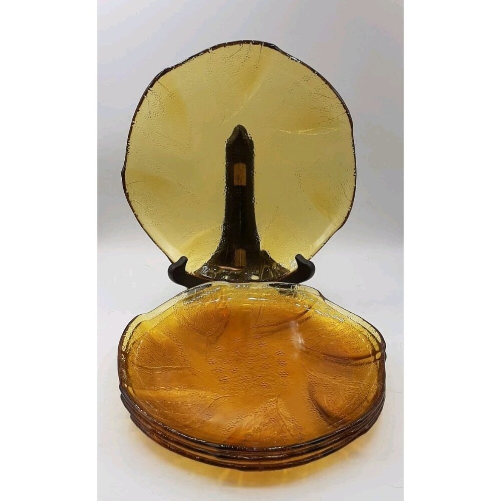 Vintage Amber Glass Dinner Plates by Pasabahce Embossed Flower Pattern Set of 4